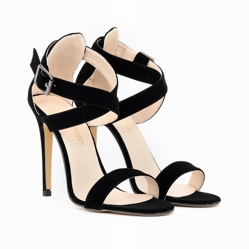 New Women Sandals Sexy 11CM Peep Toe Ankle Straps  Velvet Thin High Heels Party Dress Wedding Shoes Plus Size