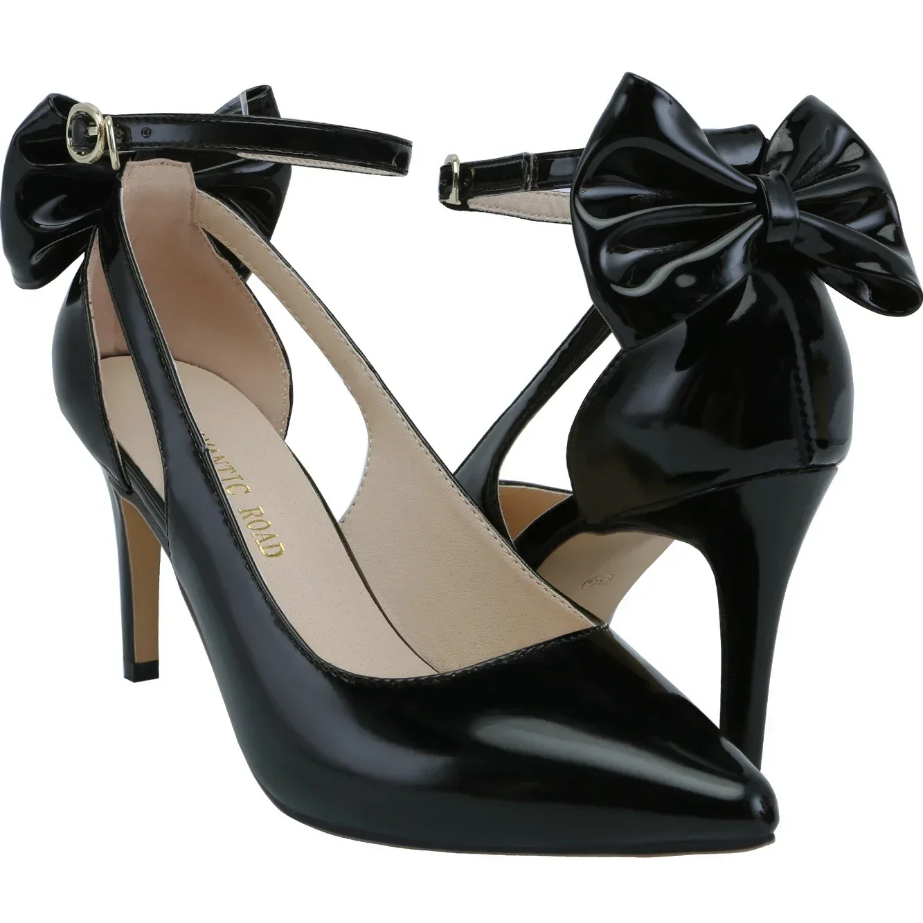 Plus Size Women Pumps Sexy 9cm Pointed Toe High Heels Ankle Strap Slingback Stilettos Bow Kitten Heel Party Dress Wedding Shoes