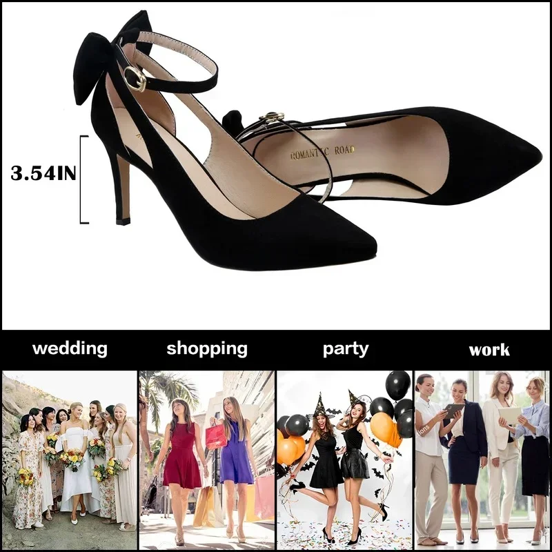 Plus Size Women Pumps Sexy 9cm Pointed Toe High Heels Ankle Strap Slingback Stilettos Bow Kitten Heel Party Dress Wedding Shoes