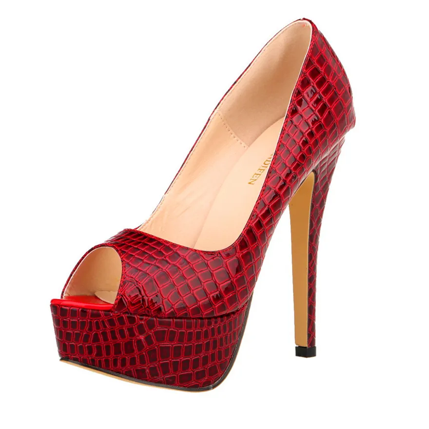 Women Sexy Pumps Shoes Peep Toe Platform High Heels New 14cm Crocodile Pattern Shallow Party Dress Work Ladies Red Wedding Shoes