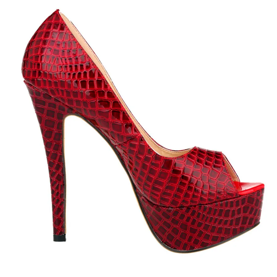 Women Sexy Pumps Shoes Peep Toe Platform High Heels New 14cm Crocodile Pattern Shallow Party Dress Work Ladies Red Wedding Shoes