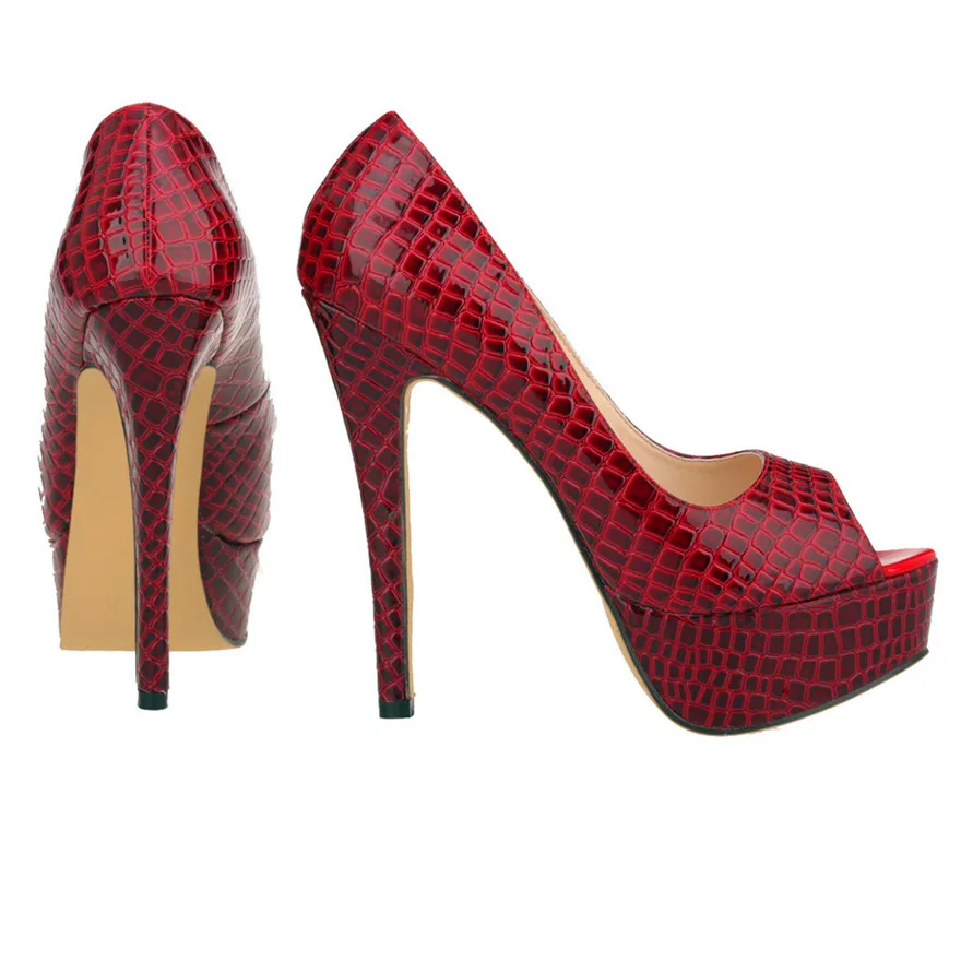 Women Sexy Pumps Shoes Peep Toe Platform High Heels New 14cm Crocodile Pattern Shallow Party Dress Work Ladies Red Wedding Shoes