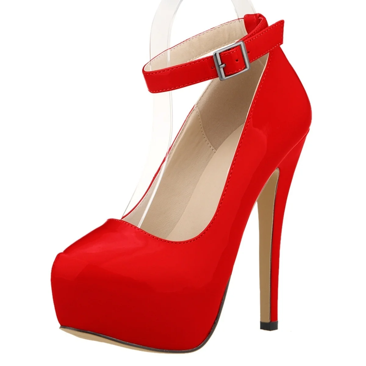 New Women Pumps 14cm Sexy Concise Buckle Supper High Heels Fashion Ankle Strap  Patent Leather Red Wedding Shoes Plus Size
