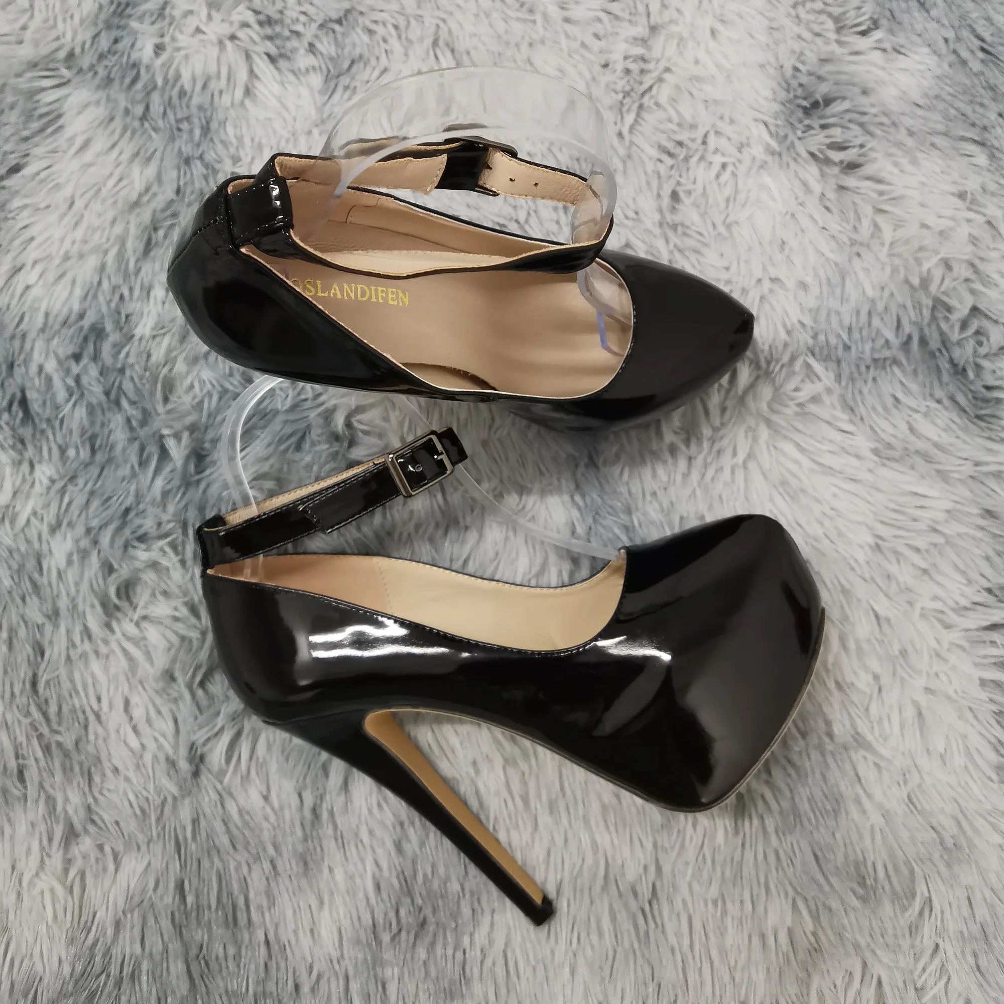 New Women Pumps 14cm Sexy Concise Buckle Supper High Heels Fashion Ankle Strap  Patent Leather Red Wedding Shoes Plus Size