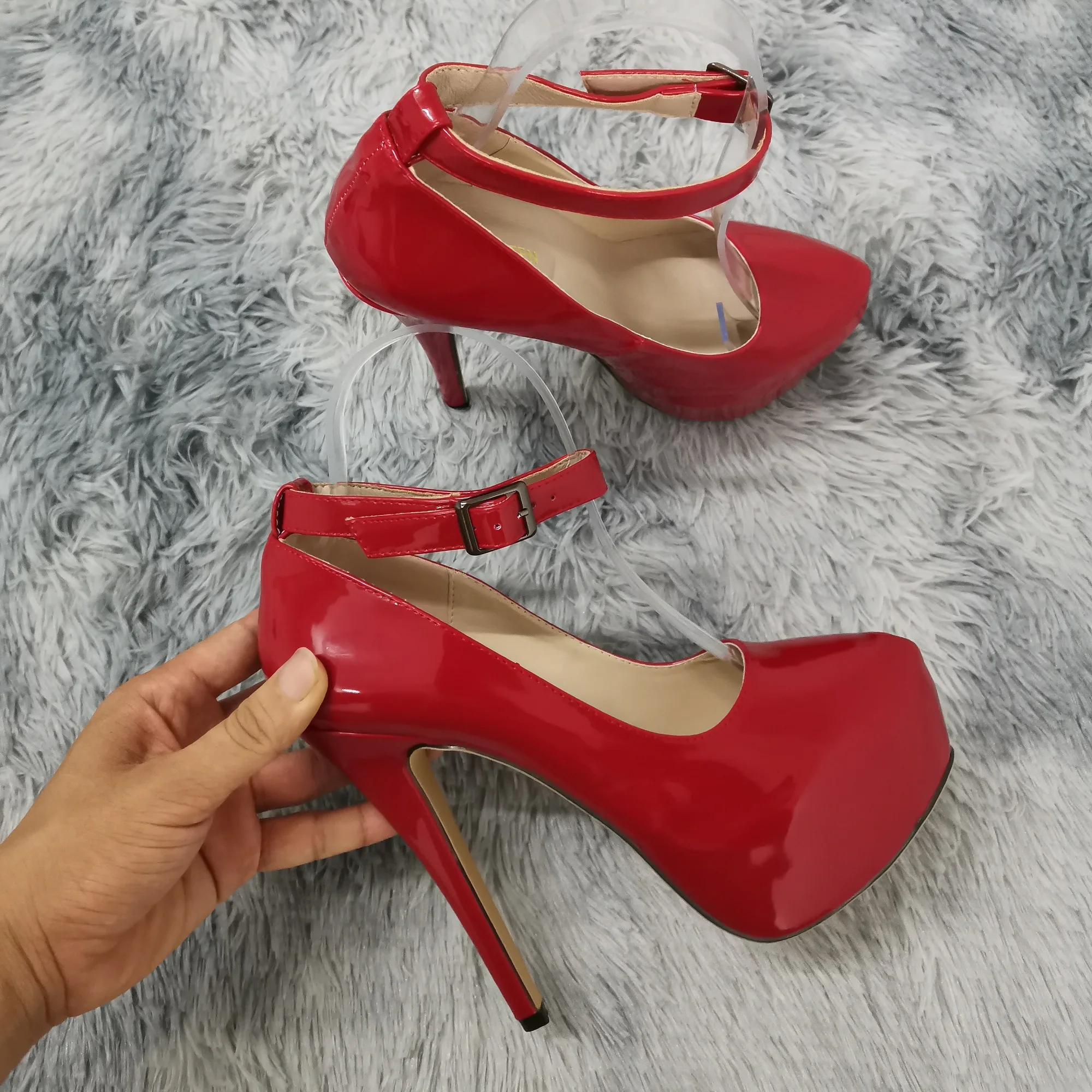 New Women Pumps 14cm Sexy Concise Buckle Supper High Heels Fashion Ankle Strap  Patent Leather Red Wedding Shoes Plus Size