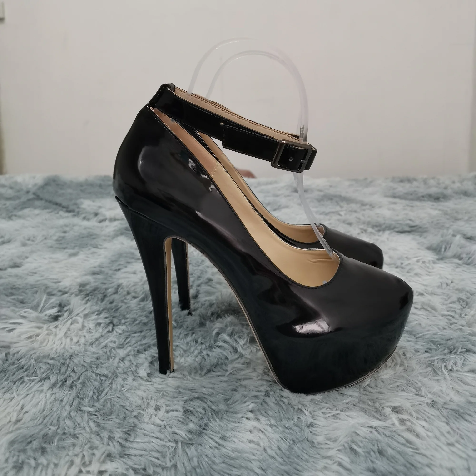 New Women Pumps 14cm Sexy Concise Buckle Supper High Heels Fashion Ankle Strap  Patent Leather Red Wedding Shoes Plus Size