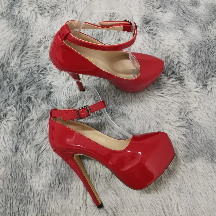 New Women Pumps 14cm Sexy Concise Buckle Supper High Heels Fashion Ankle Strap  Patent Leather Red Wedding Shoes Plus Size
