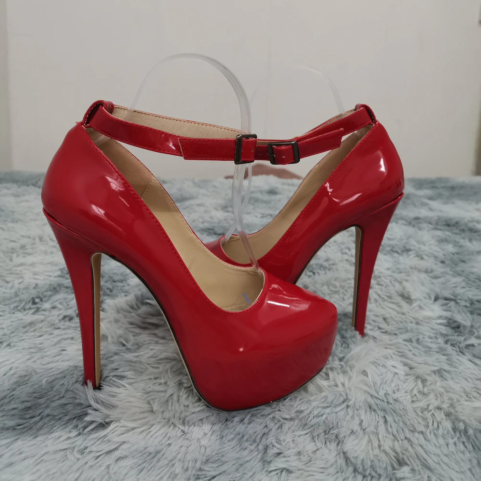New Women Pumps 14cm Sexy Concise Buckle Supper High Heels Fashion Ankle Strap  Patent Leather Red Wedding Shoes Plus Size