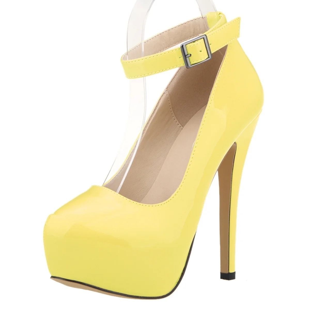 New Women Pumps 14cm Sexy Concise Buckle Supper High Heels Fashion Ankle Strap  Patent Leather Red Wedding Shoes Plus Size