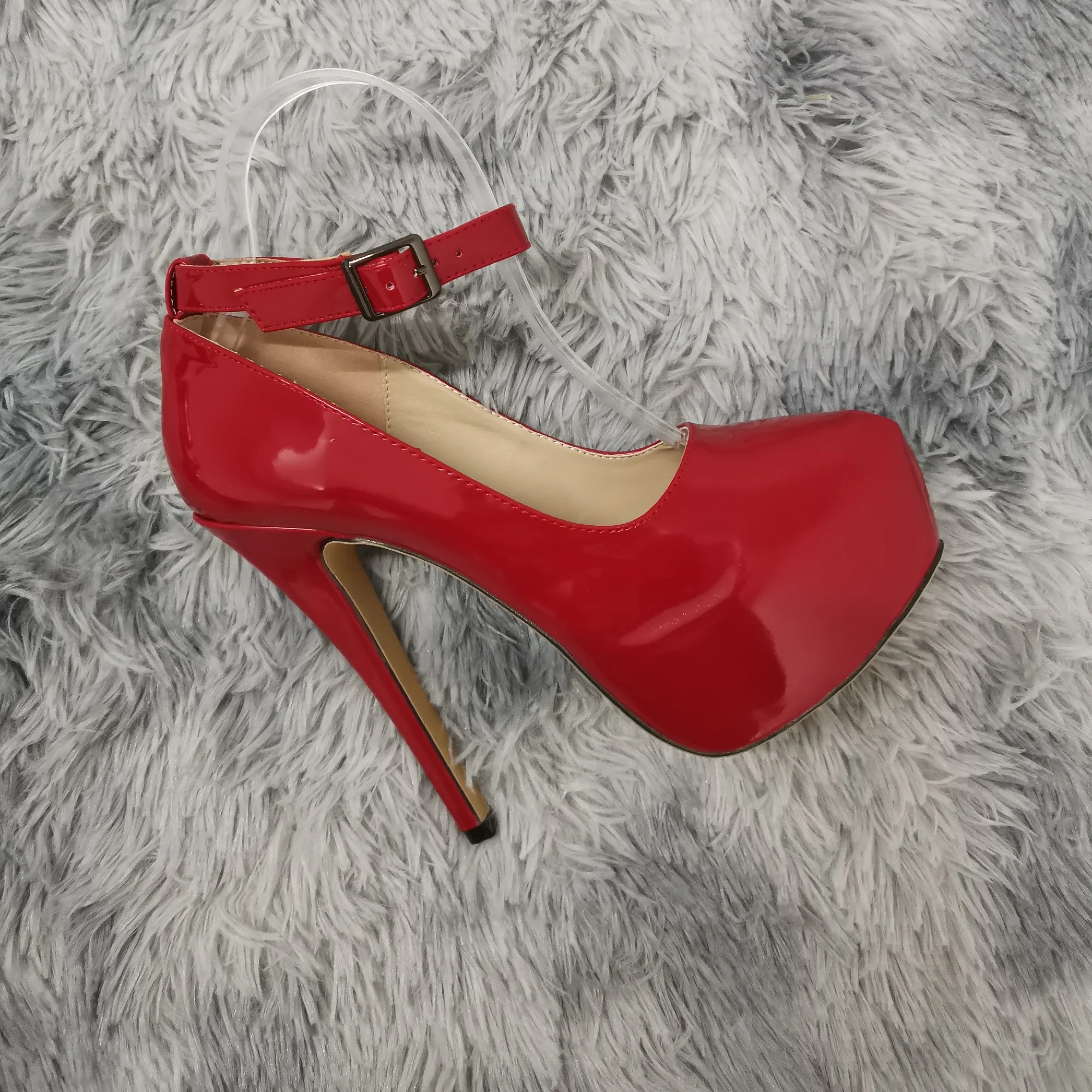 New Women Pumps 14cm Sexy Concise Buckle Supper High Heels Fashion Ankle Strap  Patent Leather Red Wedding Shoes Plus Size