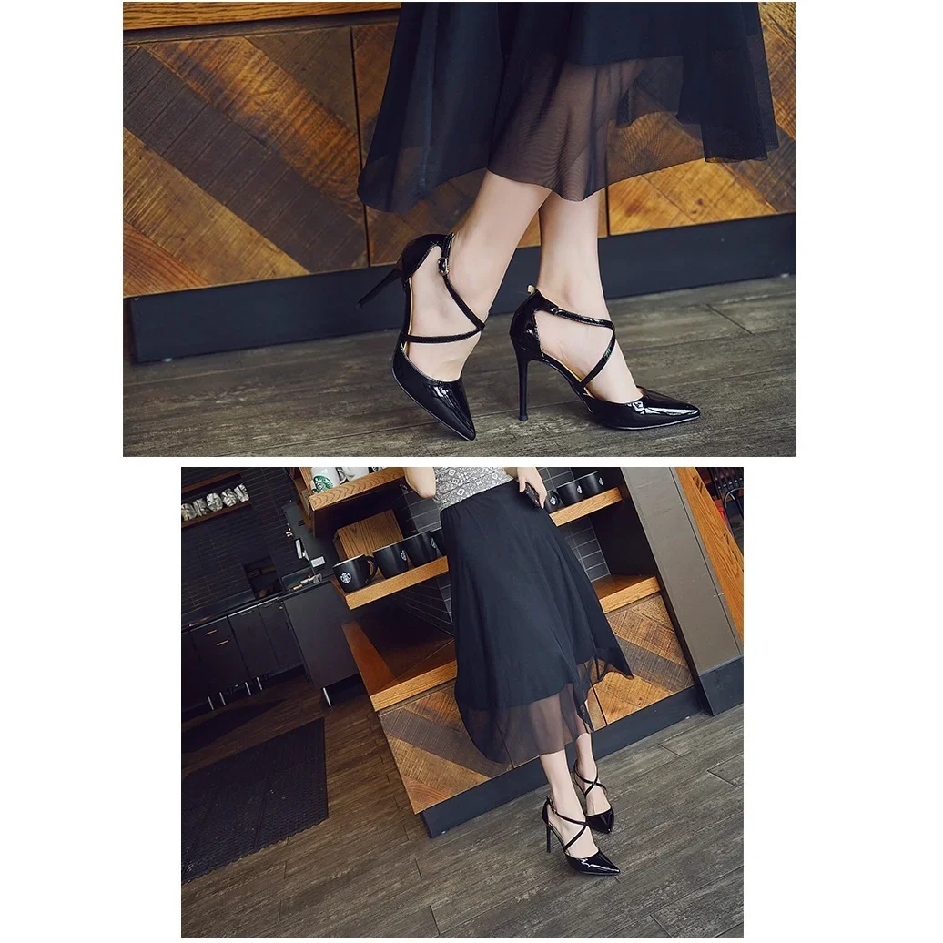 Large Size Women Sexy Pumps 2026 Summer Outdoor Casual Pointed Toes Hollow Stilettos Cross Strap High Heels Female Wedding Shoes