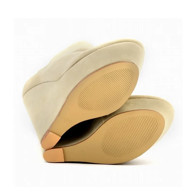 Women Boots Autumn Winter 14cm Super High Short Boots Wedges Platform Round Toes High Heels Flock Fashion Casual Shoes Plus Size