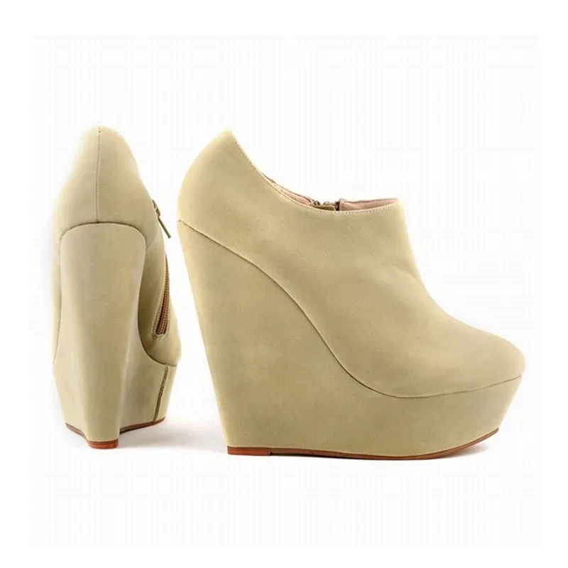 Women Boots Autumn Winter 14cm Super High Short Boots Wedges Platform Round Toes High Heels Flock Fashion Casual Shoes Plus Size