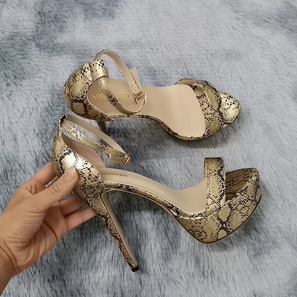 2026 New Women Sandals 14cm Supper High Heels Sexy Open Toes Buckle Strap Sandal Blue Heels Snake Pattern Platform Wedding Shoes