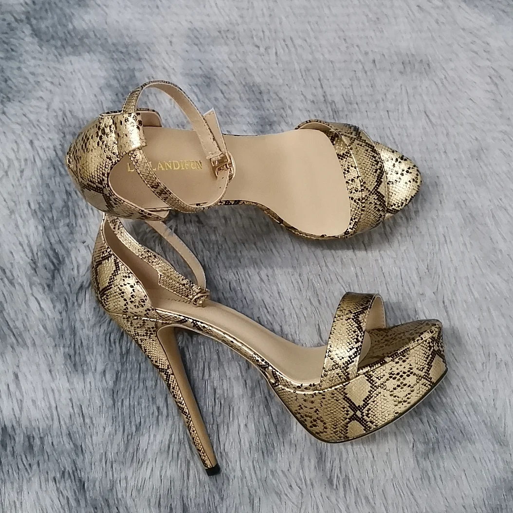 2026 New Women Sandals 14cm Supper High Heels Sexy Open Toes Buckle Strap Sandal Blue Heels Snake Pattern Platform Wedding Shoes
