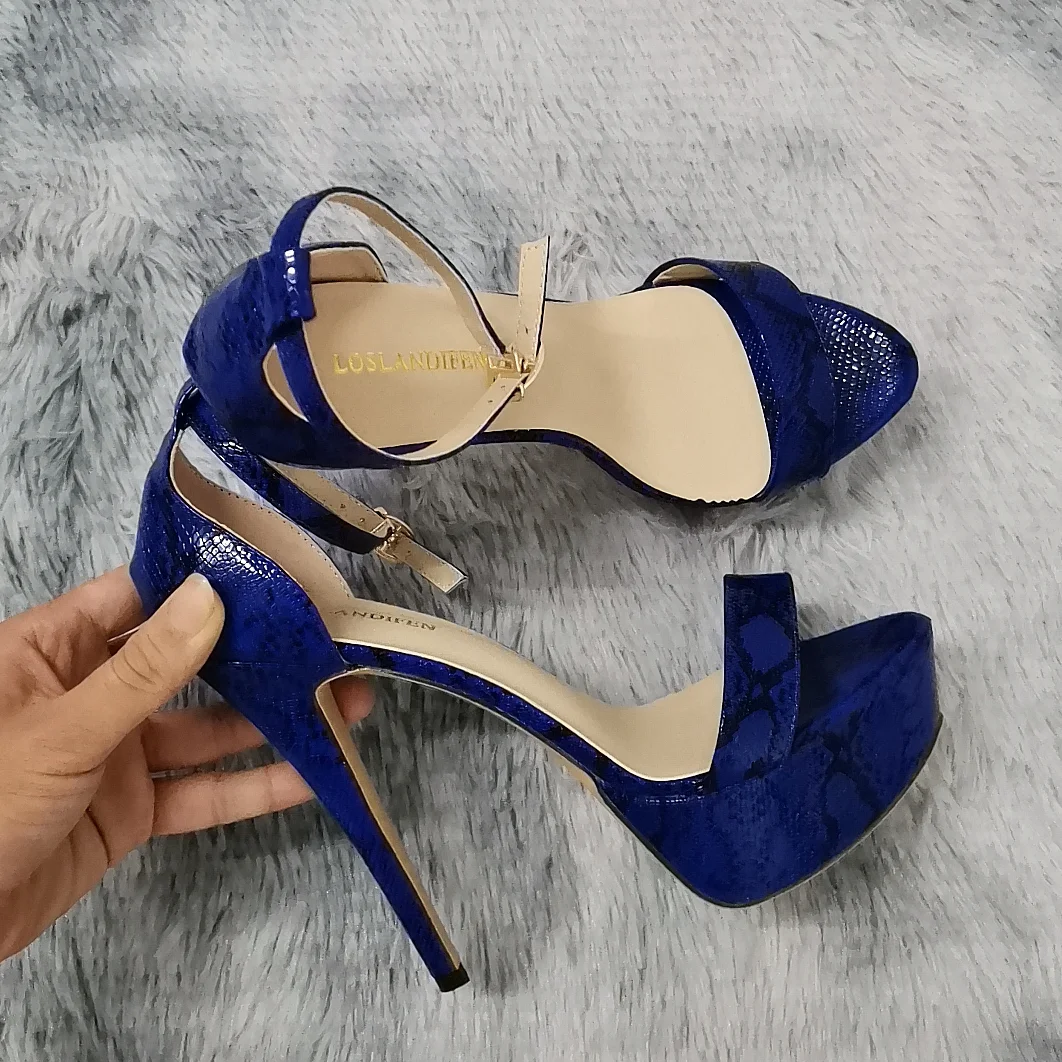 2026 New Women Sandals 14cm Supper High Heels Sexy Open Toes Buckle Strap Sandal Blue Heels Snake Pattern Platform Wedding Shoes