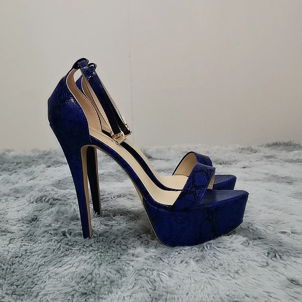 2026 New Women Sandals 14cm Supper High Heels Sexy Open Toes Buckle Strap Sandal Blue Heels Snake Pattern Platform Wedding Shoes