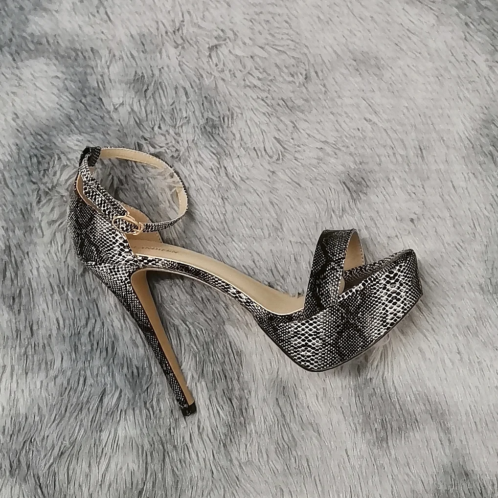 2026 New Women Sandals 14cm Supper High Heels Sexy Open Toes Buckle Strap Sandal Blue Heels Snake Pattern Platform Wedding Shoes