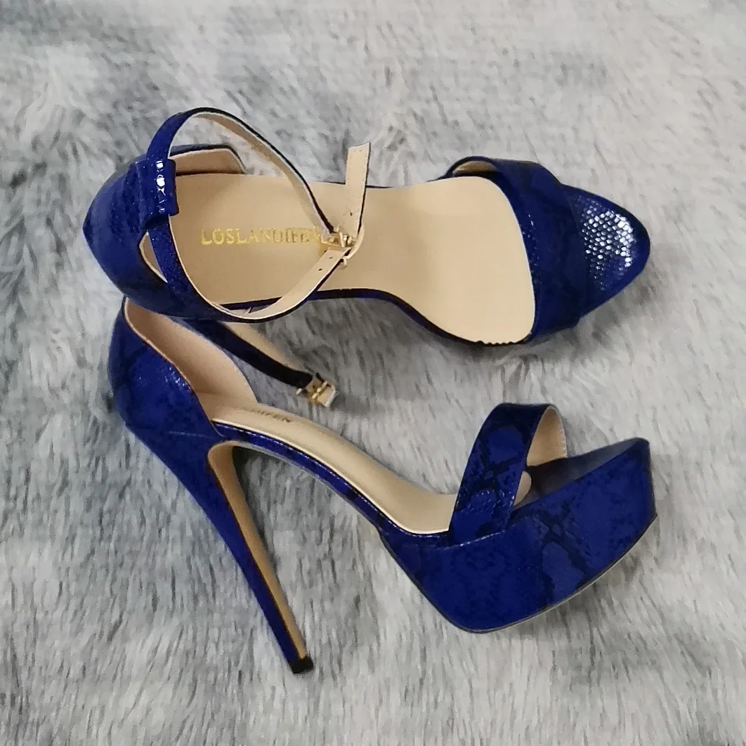2026 New Women Sandals 14cm Supper High Heels Sexy Open Toes Buckle Strap Sandal Blue Heels Snake Pattern Platform Wedding Shoes