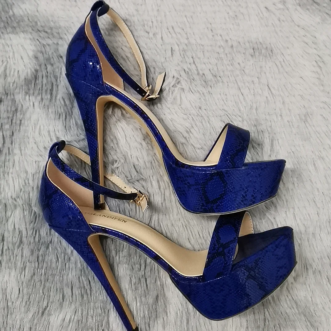 2026 New Women Sandals 14cm Supper High Heels Sexy Open Toes Buckle Strap Sandal Blue Heels Snake Pattern Platform Wedding Shoes