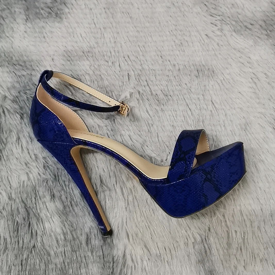 2026 New Women Sandals 14cm Supper High Heels Sexy Open Toes Buckle Strap Sandal Blue Heels Snake Pattern Platform Wedding Shoes