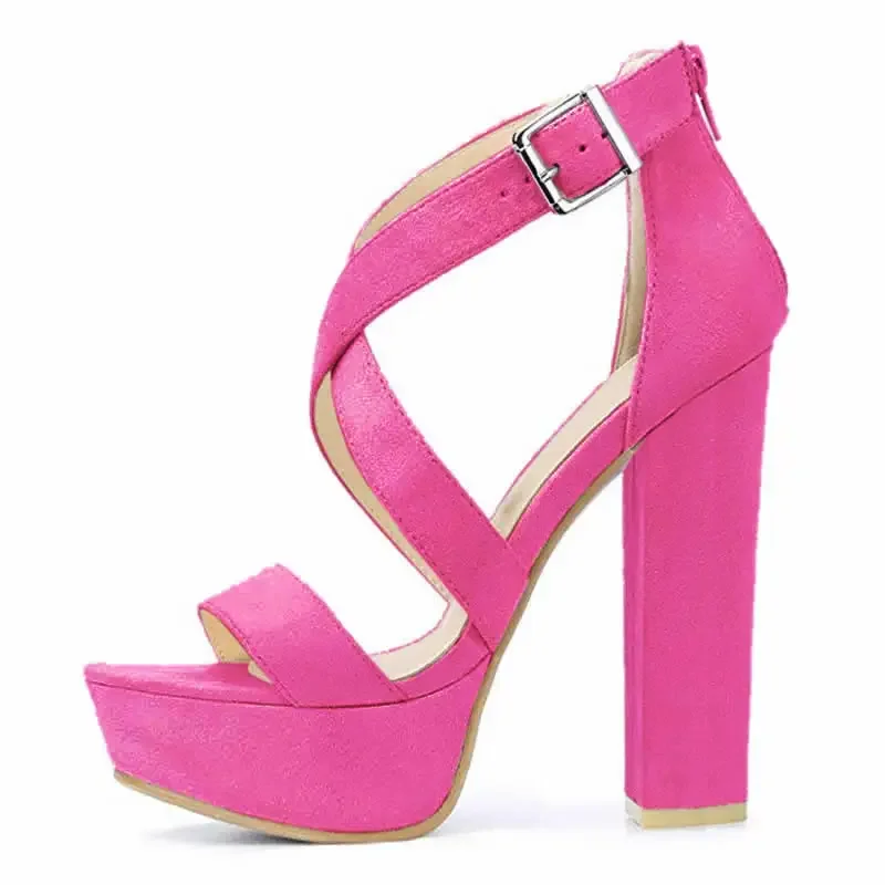 Women Sandals 2026 Summer Sexy 14cm Open Toe Thick High Heels Chunky Cross Strap Buckle Platform Pumps Dress Party Wedding Shoes