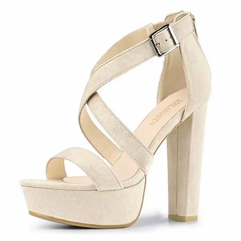 Women Sandals 2026 Summer Sexy 14cm Open Toe Thick High Heels Chunky Cross Strap Buckle Platform Pumps Dress Party Wedding Shoes