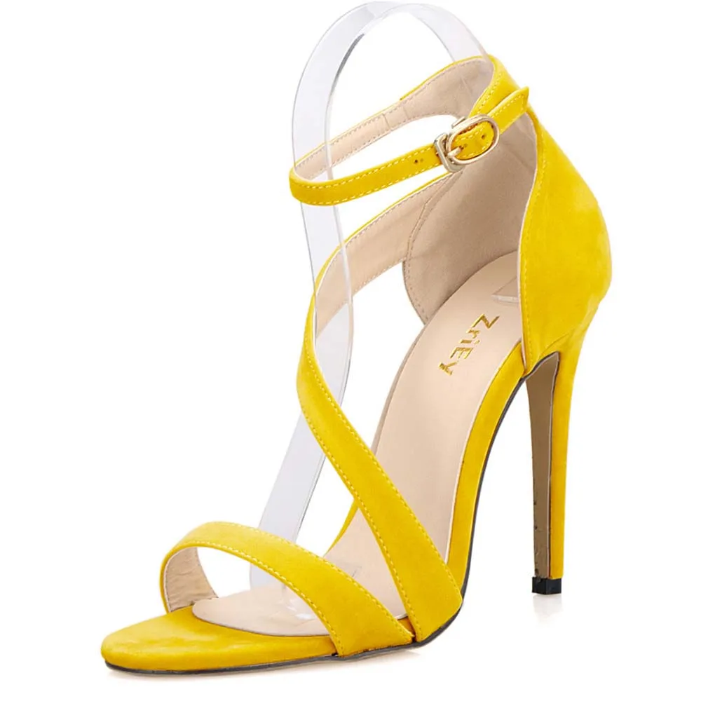 2026 New Women Sandals Sexy Open Toe Ankle Straps High Heels Stilettos Suede Wedding Shoes 11CM Thin  Sandalias 102-8VE