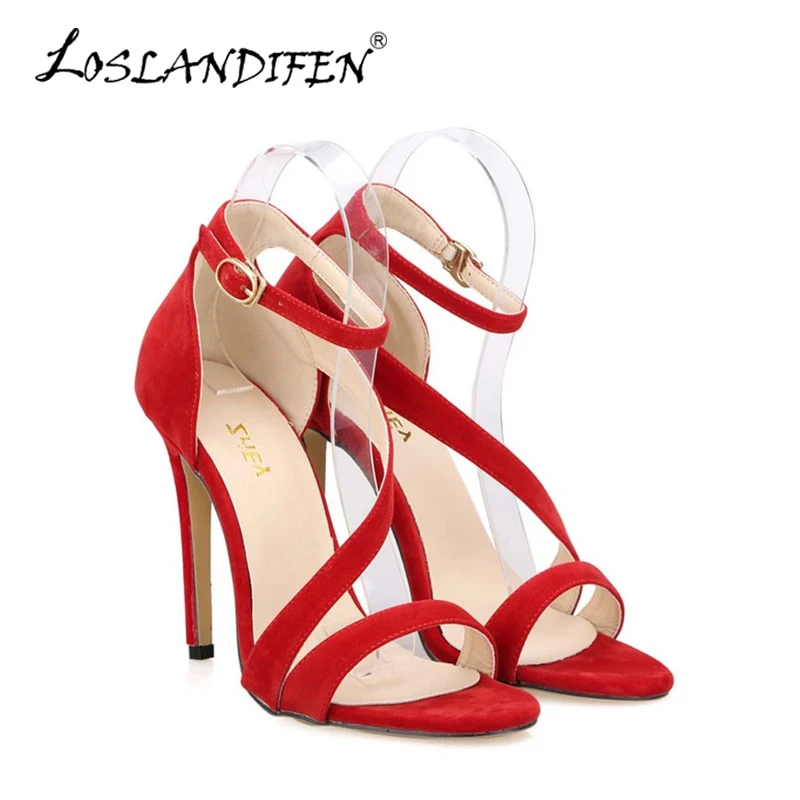 2026 New Women Sandals Sexy Open Toe Ankle Straps High Heels Stilettos Suede Wedding Shoes 11CM Thin  Sandalias 102-8VE