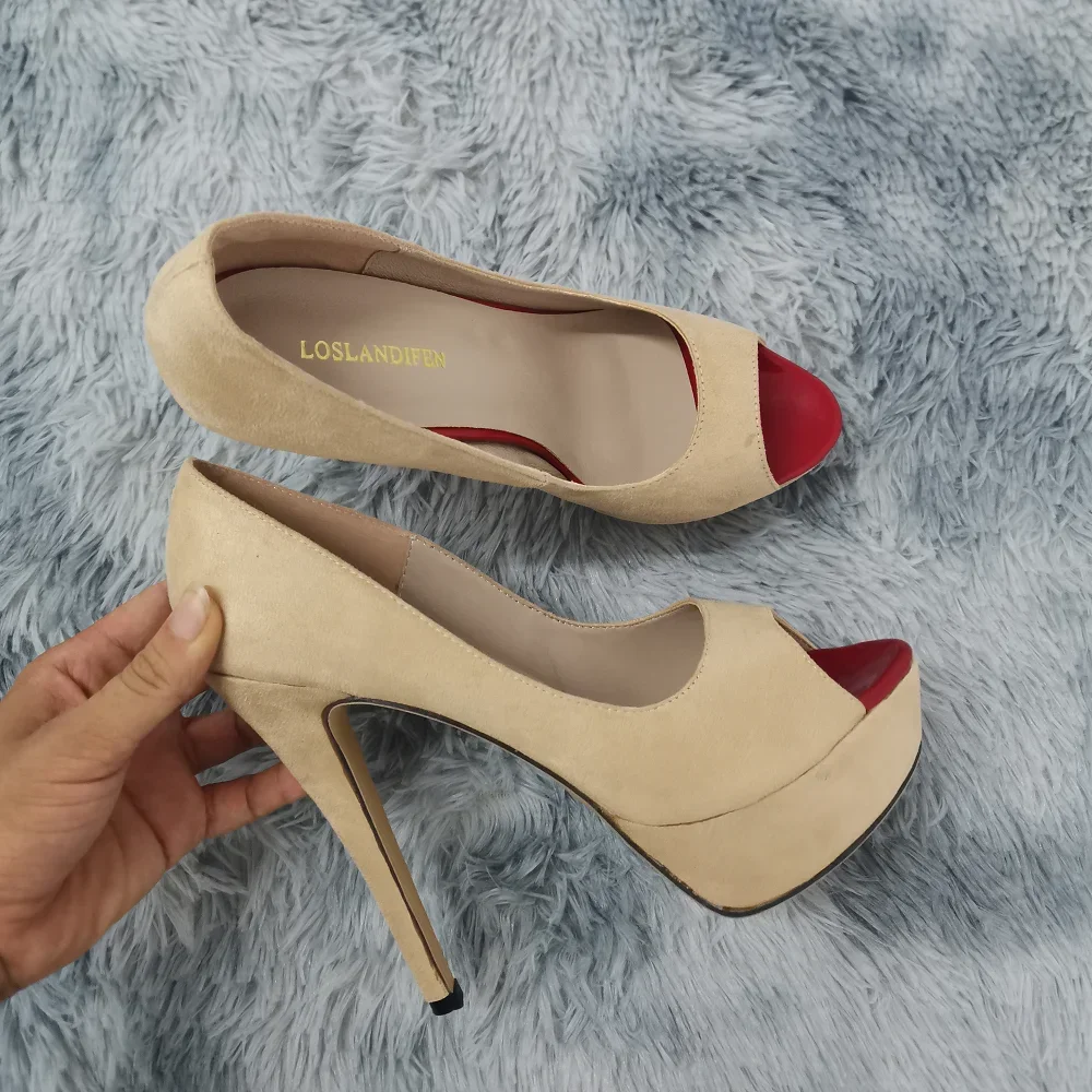 2026 Women Pumps Stilettos Fashion Sexy High Heels Peep Toe Velvet Pump Platform Lady Party Club Red Wedding Shoes Large Size 44
