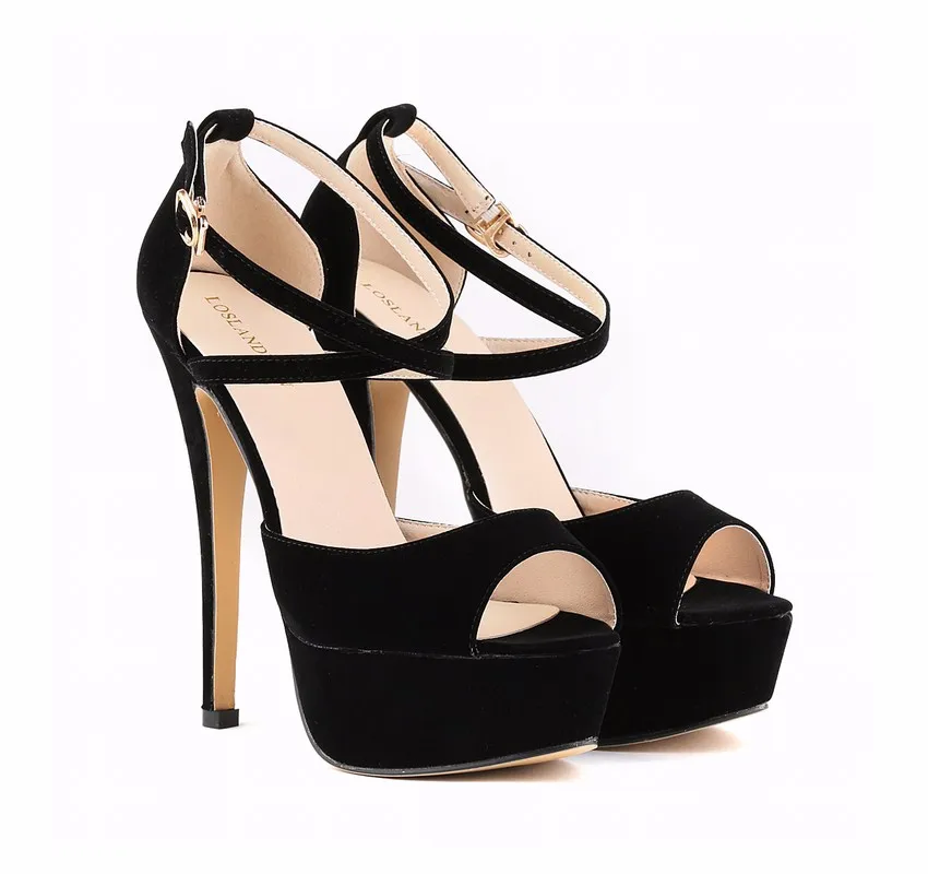Women Platform Sandals Sexy Pumps 2026 Summer 14cm High Heels Peep Toe Ankle Strap Stilettos Black Red Wedding Shoes Large Size
