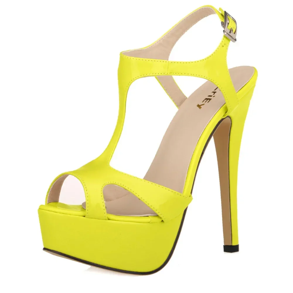 2026 New Women Sandals 14cm Sexy T-Strap Peep Toe Platform Summer Red Wedding Shoes Patent Leather Thin High Heels Big Size 44