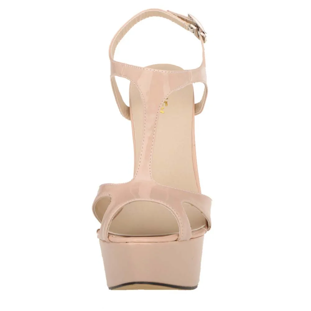 2026 New Women Sandals 14cm Sexy T-Strap Peep Toe Platform Summer Red Wedding Shoes Patent Leather Thin High Heels Big Size 44