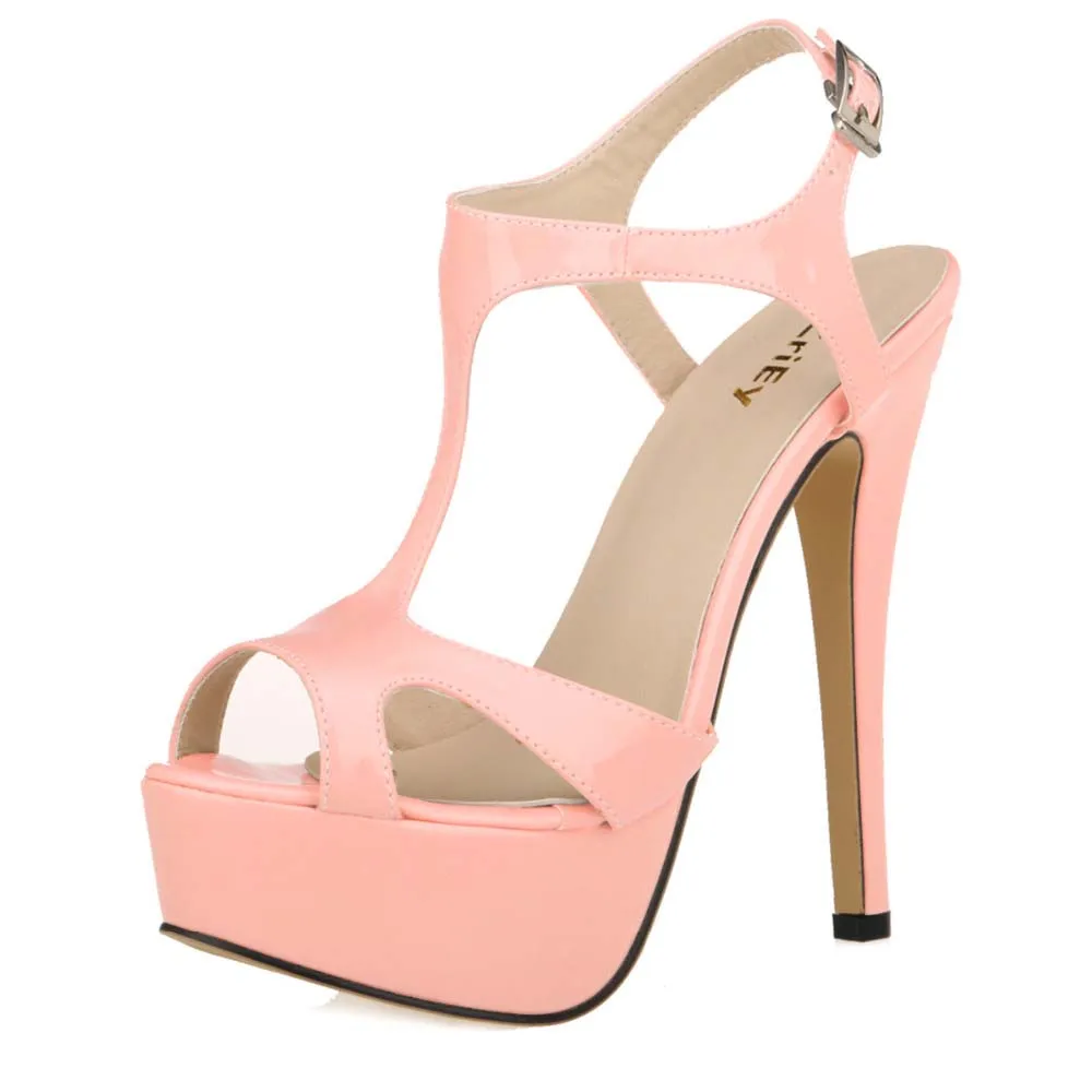 2026 New Women Sandals 14cm Sexy T-Strap Peep Toe Platform Summer Red Wedding Shoes Patent Leather Thin High Heels Big Size 44