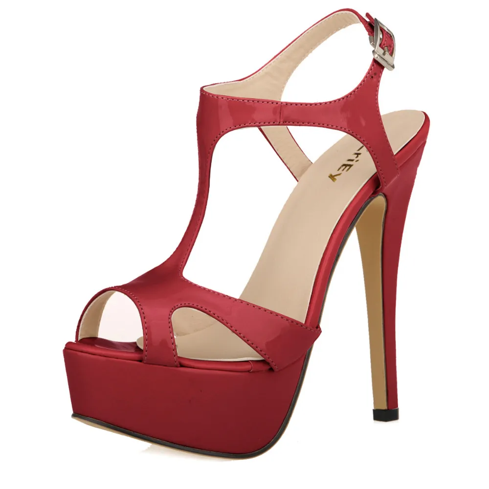 2026 New Women Sandals 14cm Sexy T-Strap Peep Toe Platform Summer Red Wedding Shoes Patent Leather Thin High Heels Big Size 44