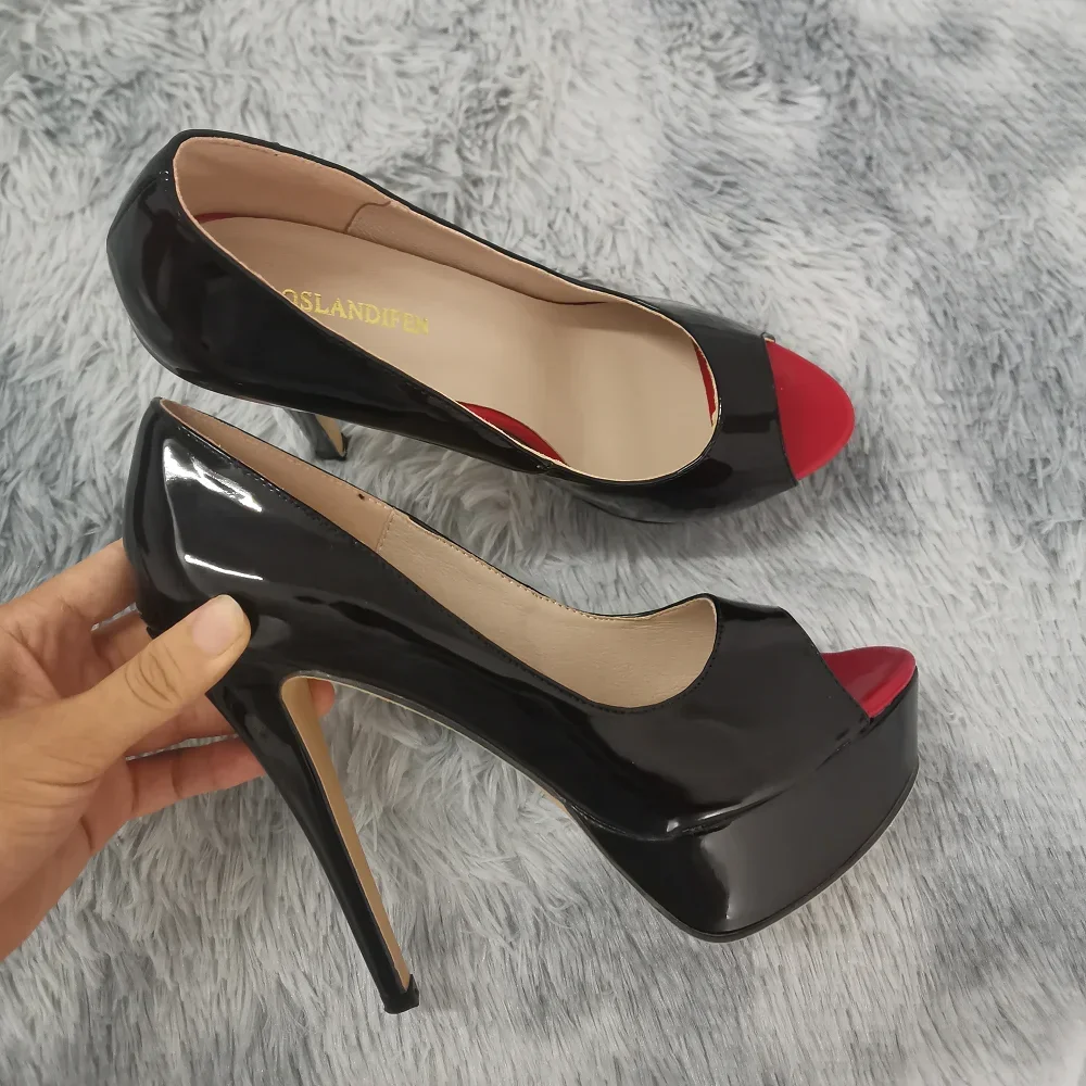 LOSLANDIFEN Women Pumps Sexy Peep Toe Platform 14cm Super High Heels Patent Leather Shoes Red Wedding Stilettos Large Size 44