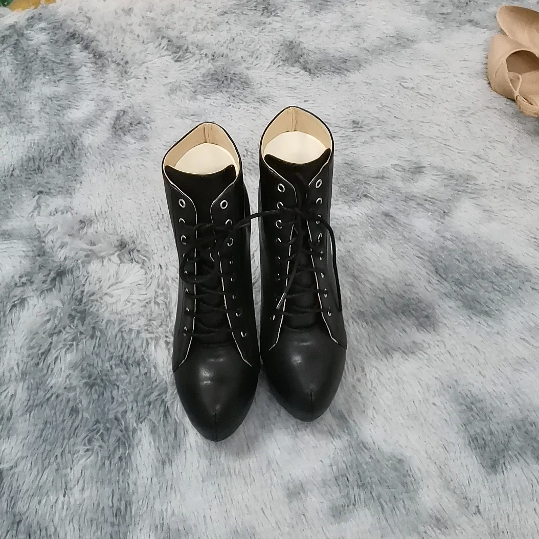 Women Ankle Boots Stilettos Autumn Winter Round Toe Pole Dance Sexy High Heels Pumps Fashion Zip Lace-Up Female Shoes Large Size