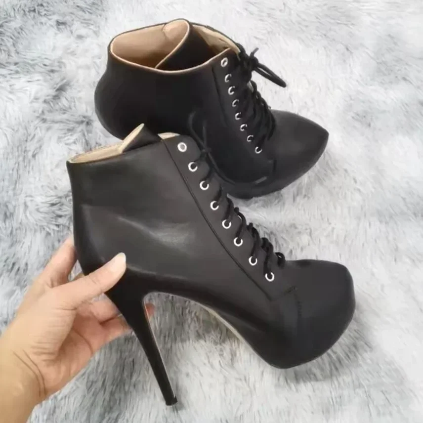 Women Ankle Boots Stilettos Autumn Winter Round Toe Pole Dance Sexy High Heels Pumps Fashion Zip Lace-Up Female Shoes Large Size