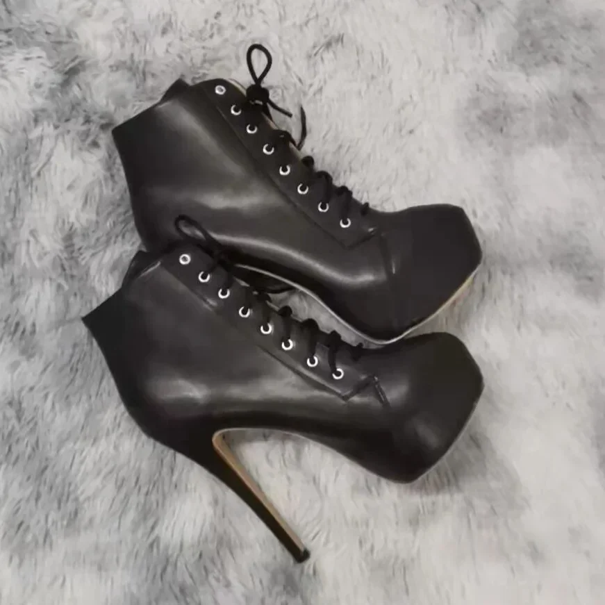 Women Ankle Boots Stilettos Autumn Winter Round Toe Pole Dance Sexy High Heels Pumps Fashion Zip Lace-Up Female Shoes Large Size