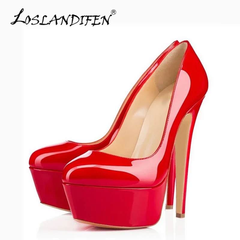 2026 Fashion Women Pumps 14cm Extremely Platform High Heels Sexy Patent Leather Red Black Wedding Party Shoes Stiletto Plus Size