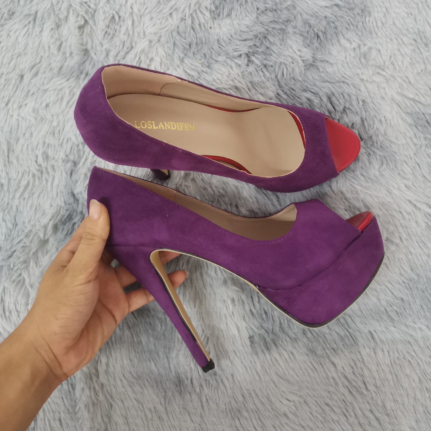 2026 Women Pumps New Fashion 14cm Sexy Peep Toe High Heels Velvet Platform Thin Heel Lady Party Dance Red Wedding Woman Shoes