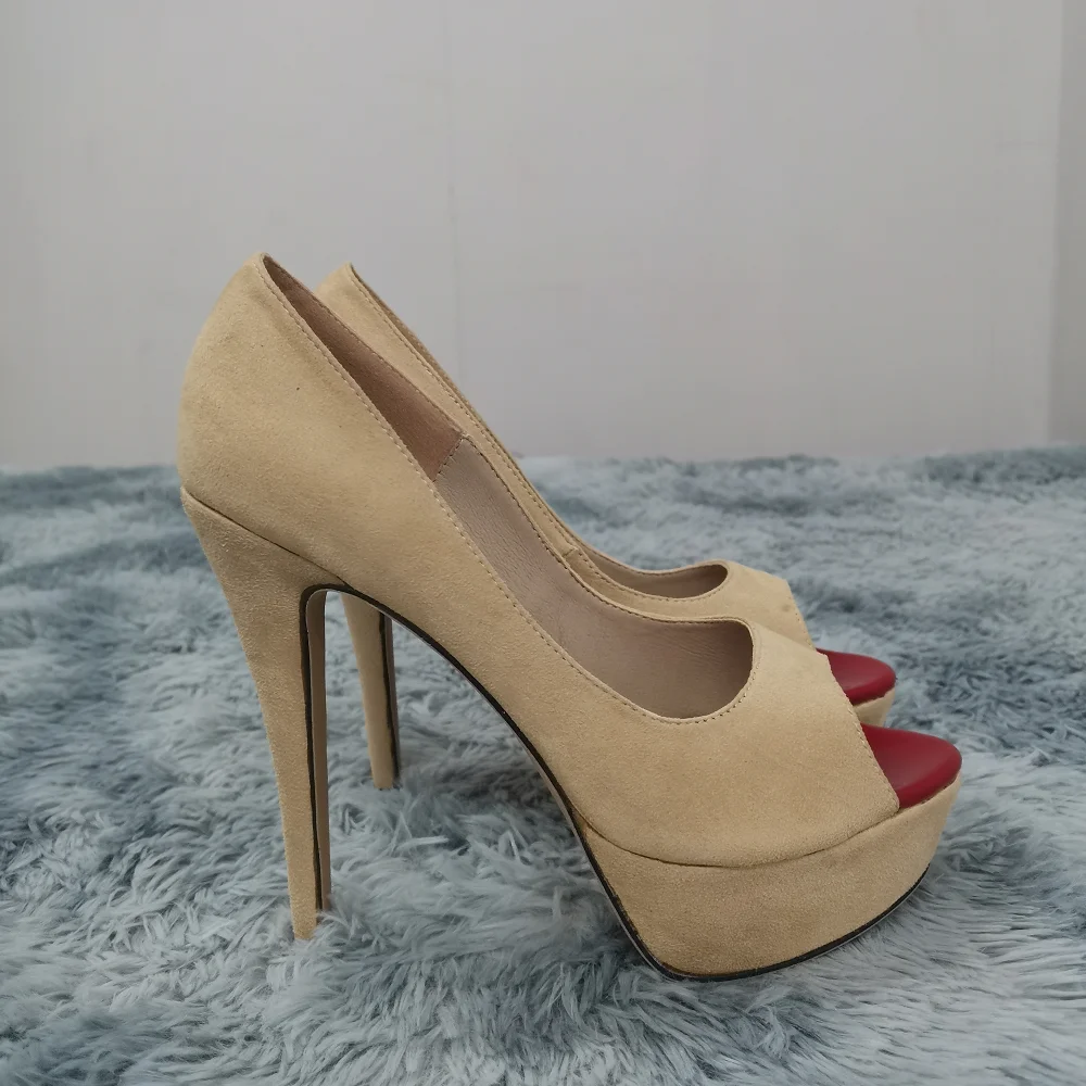 2026 Women Pumps New Fashion 14cm Sexy Peep Toe High Heels Velvet Platform Thin Heel Lady Party Dance Red Wedding Woman Shoes
