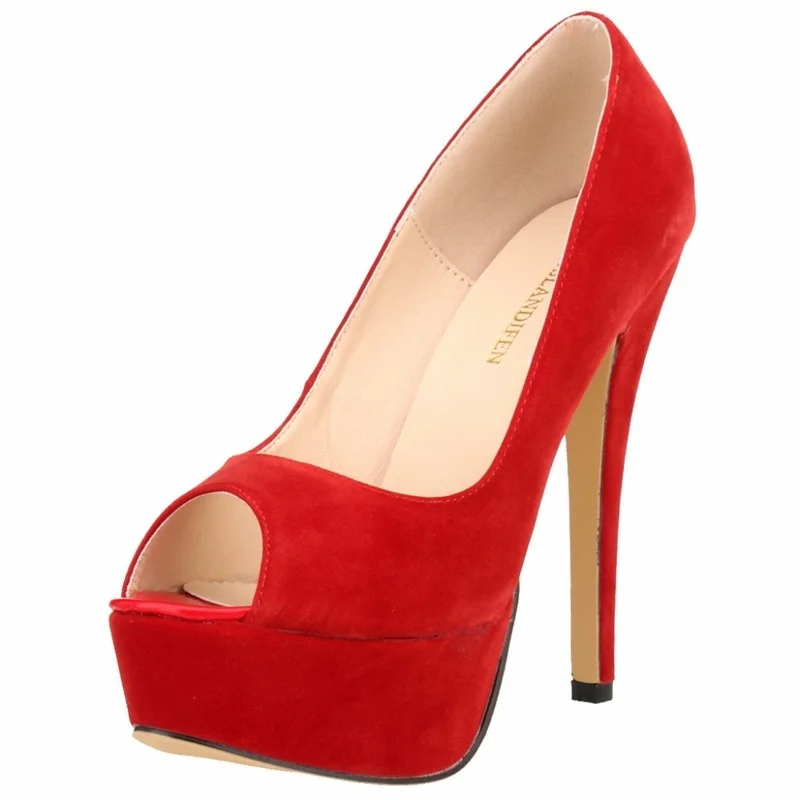 2026 Women Pumps New Fashion 14cm Sexy Peep Toe High Heels Velvet Platform Thin Heel Lady Party Dance Red Wedding Woman Shoes