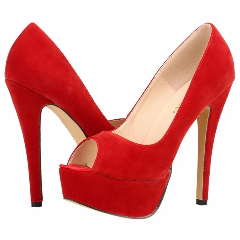 2026 Women Pumps New Fashion 14cm Sexy Peep Toe High Heels Velvet Platform Thin Heel Lady Party Dance Red Wedding Woman Shoes