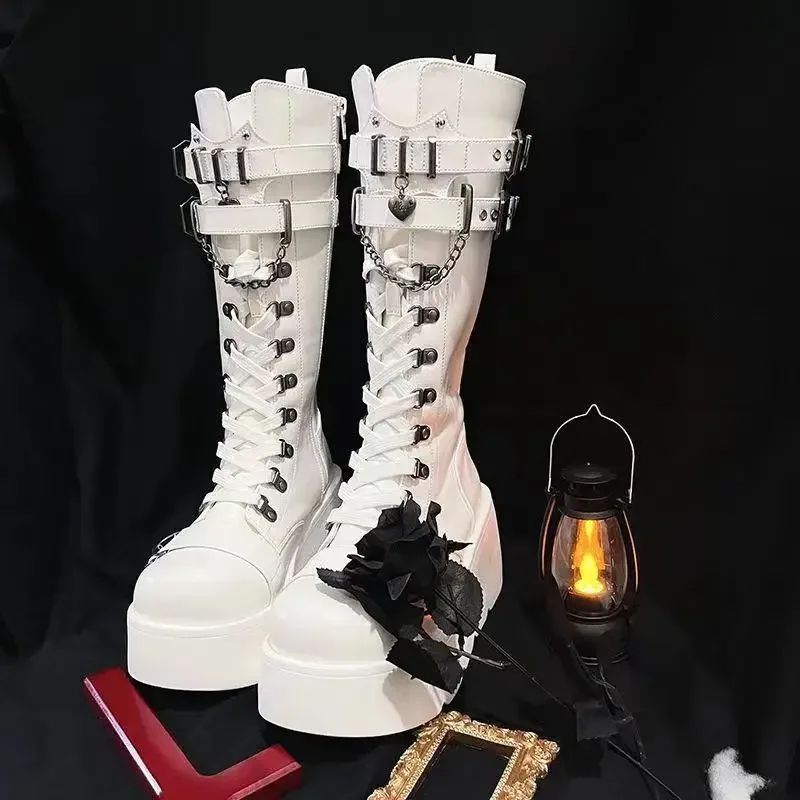 Motorcycle Boots Platform Boots for Women Wedges Knee High Black Lace Up Fashion Goth Gothic Boots Punk Shoes Girls Winter Motorcycle Boots Platform Boots for Women Wedges Knee High Black Lace Up Fashion Goth Gothic Boots Punk Shoes Girls Winter