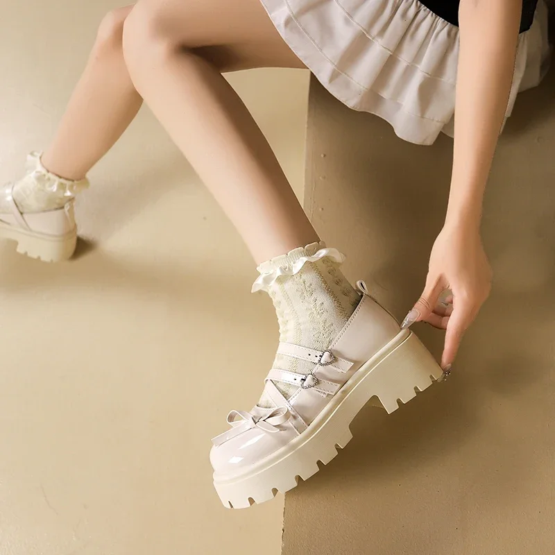 Bowknot Mary Janes Shoes Women 2025 Cross Strap Platform Pumps Woman Heart Buckle Patent Leather Lolita Shoes