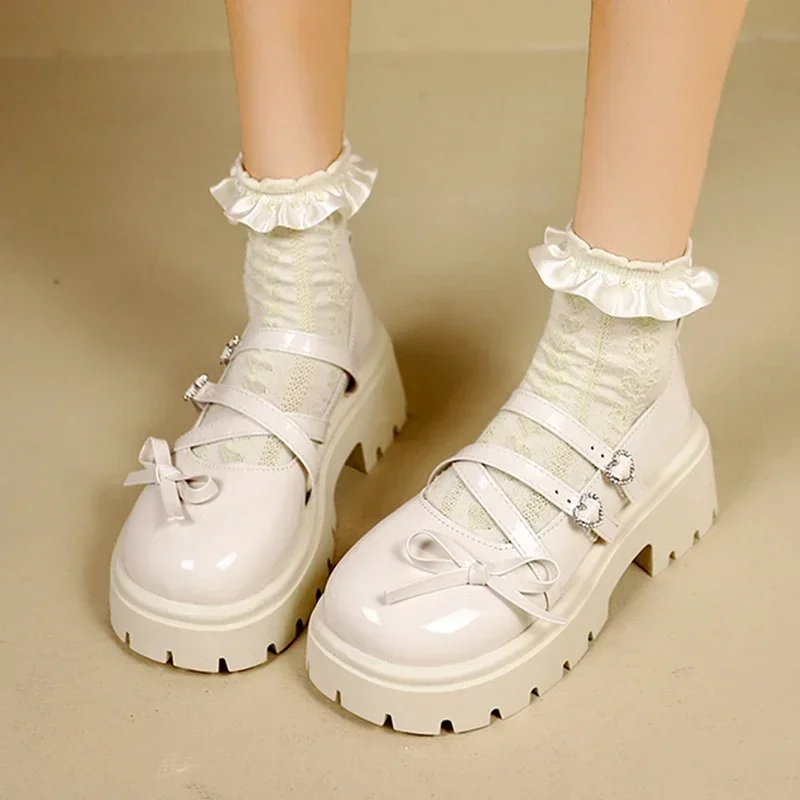 Bowknot Mary Janes Shoes Women 2025 Cross Strap Platform Pumps Woman Heart Buckle Patent Leather Lolita Shoes
