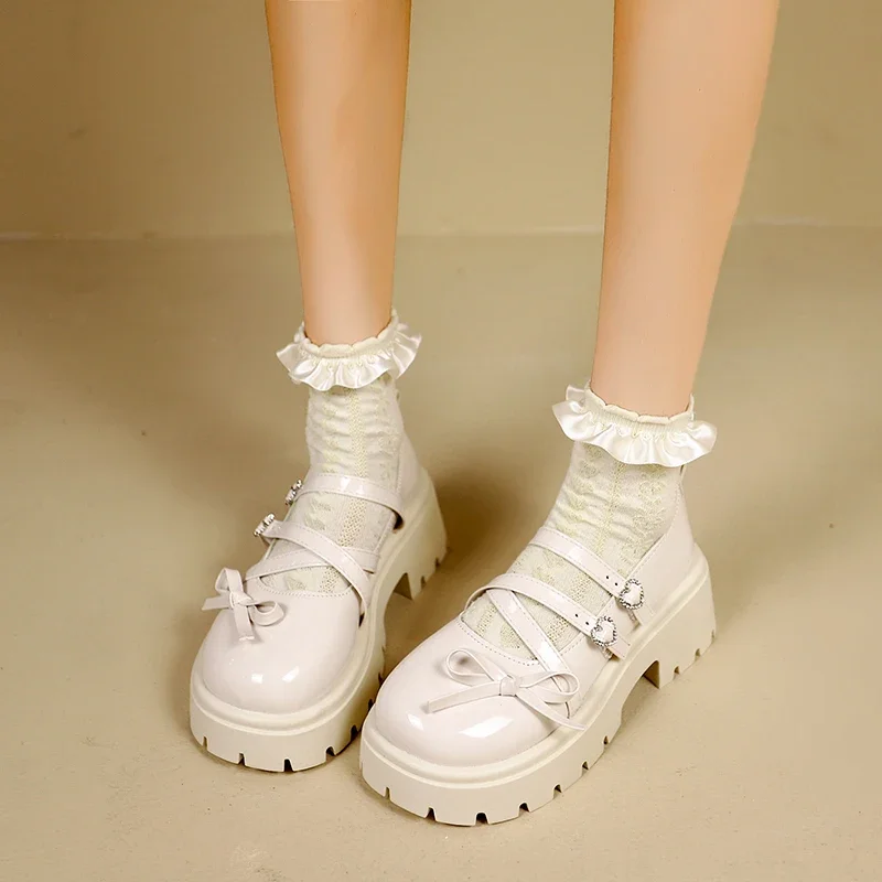 Bowknot Mary Janes Shoes Women 2025 Cross Strap Platform Pumps Woman Heart Buckle Patent Leather Lolita Shoes