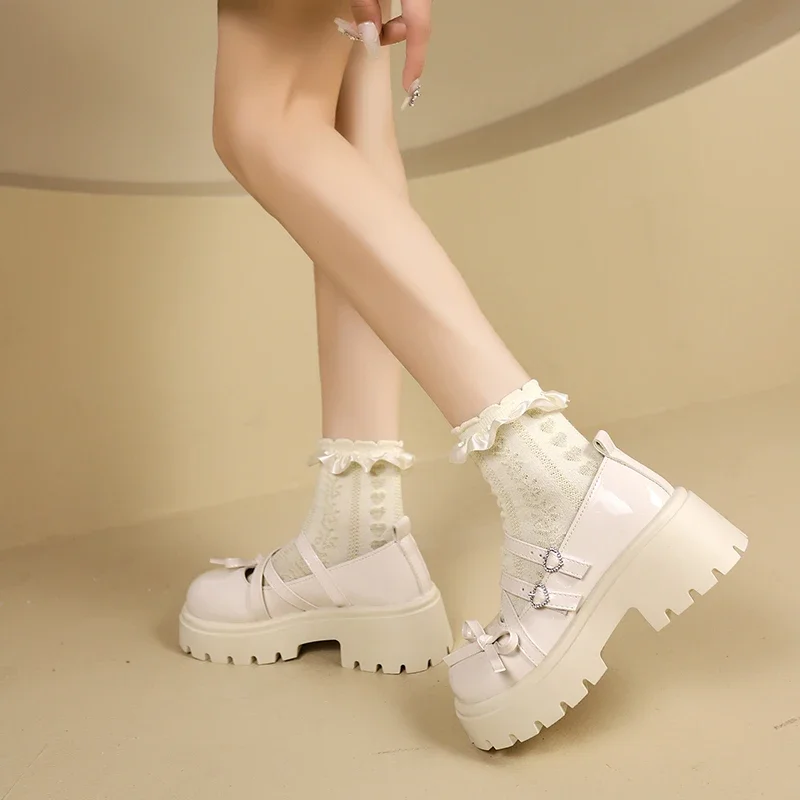 Bowknot Mary Janes Shoes Women 2025 Cross Strap Platform Pumps Woman Heart Buckle Patent Leather Lolita Shoes