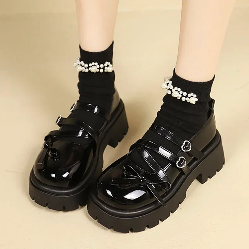 Bowknot Mary Janes Shoes Women 2025 Cross Strap Platform Pumps Woman Heart Buckle Patent Leather Lolita Shoes